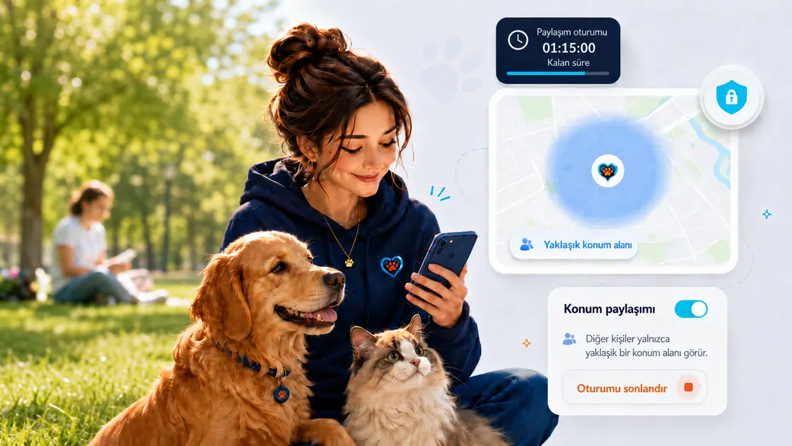 Parkta köpeği ve kedisiyle oturan bir pet sahibi. Telefonunun yanında paylaşım oturumunun kalan süresi, konumu yaklaşık bir alan olarak gösteren bir harita ve paylaşımı bitirme eylemi görünüyor.