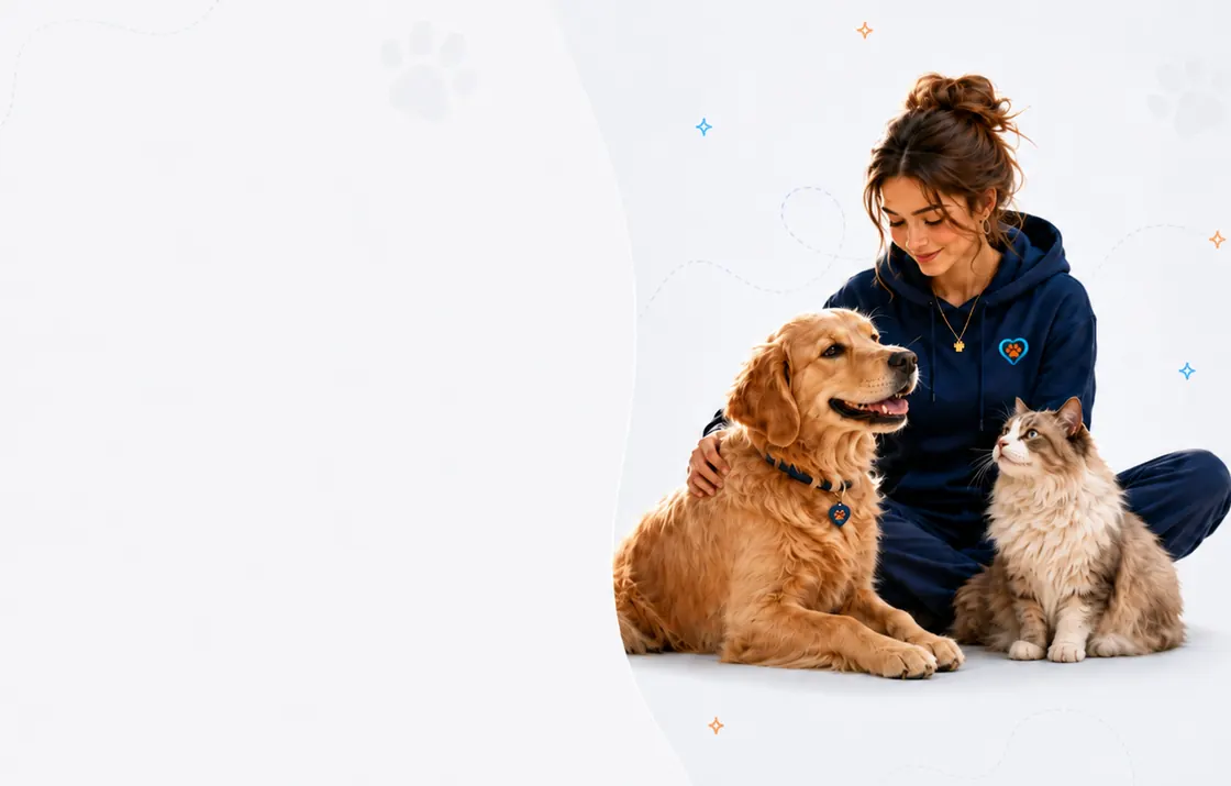 Köpeği ve kedisiyle yerde oturan, köpeğine bakan bir pet sahibi.